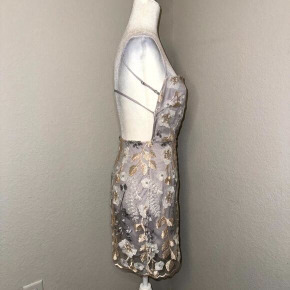 Lucy In The Sky Mini Dress Women's M Purple Gold Floral Mesh Overlay Coquette - Picture 2 of 8